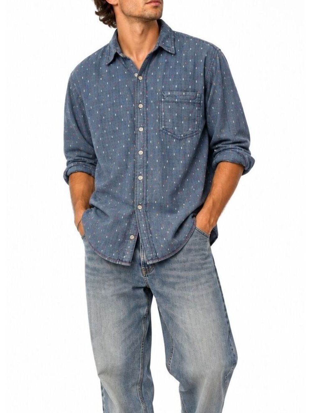 Cotton Gauze Shirt Colorful Dash Print Boho Coastal Mens XL Carbon2Cobalt Blue